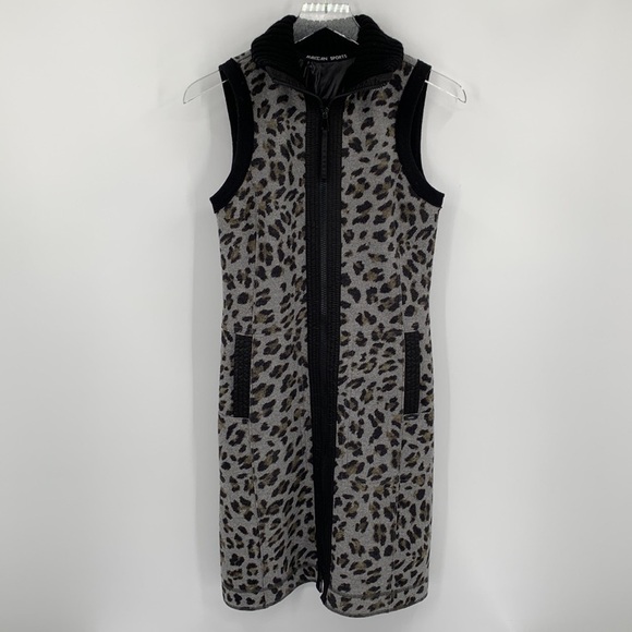 Marc Cain Sports wool zipper long vest leopard black brown gray women N2 6 Small - Picture 1 of 7